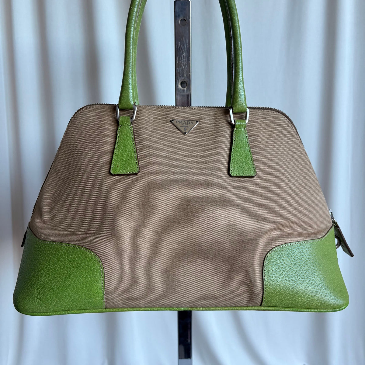 Vintage Prada Beige Canapa Dome & Lime Green Leather Trim Bowling Bag