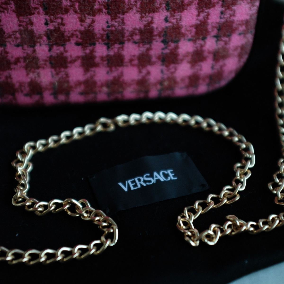 Versace La Medusa Calfskin Vinyl Mini Houndstooth Tote Bag Pink Multicolor Bag