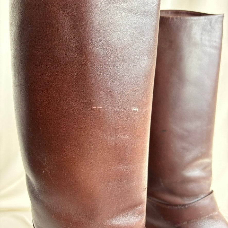 Vintage 1978 Idea Studios Brown Leather Riding Boots - Gold Buckle, 7.5