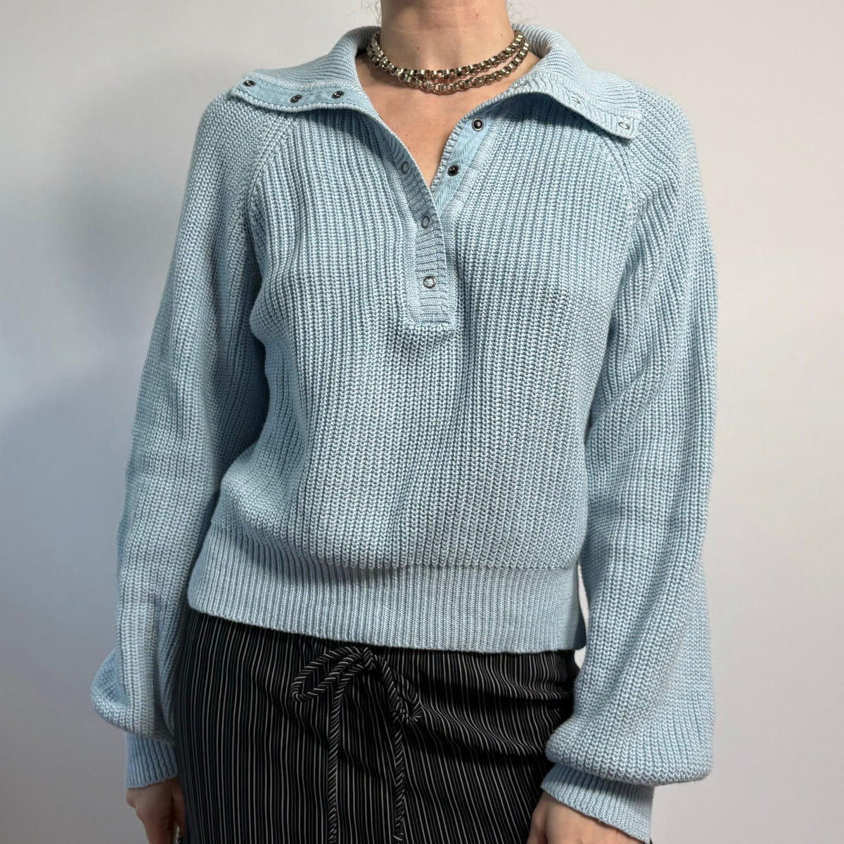 Baby Blue V-Neck Sweater with Button Collar - Medium