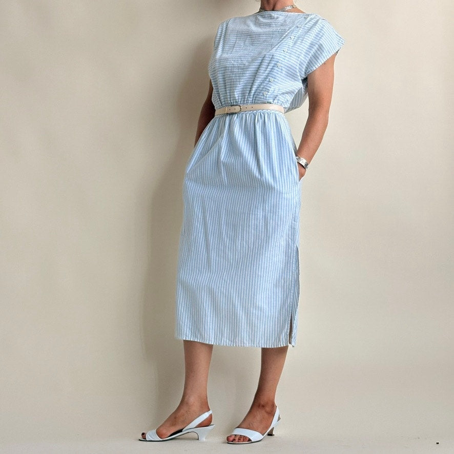 Eileen West Sailor Stripe Dress - 80's -100% Cotton, Size M