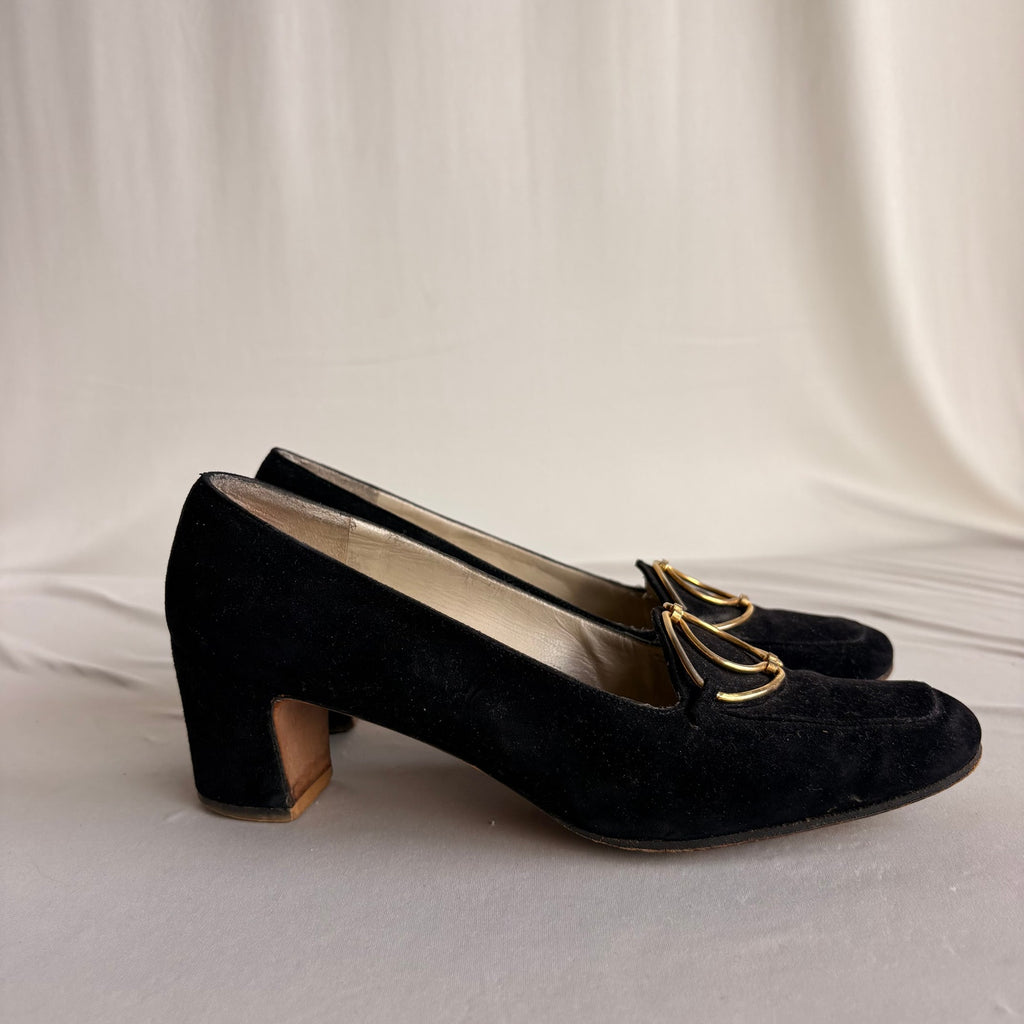 Vintage Ferragamo Black Suede Heeled Loafers - Gold Hardware, 7.5