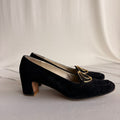Vintage Ferragamo Black Suede Heeled Loafers - Gold Hardware, 7.5