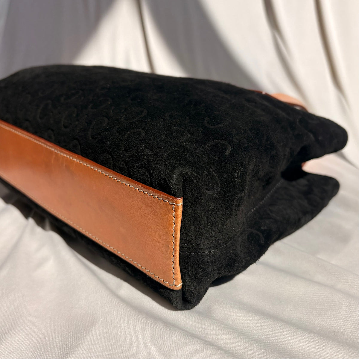 Celine C Macadam Tote Bag - 90's - Black Suede, Tan Leather Handles