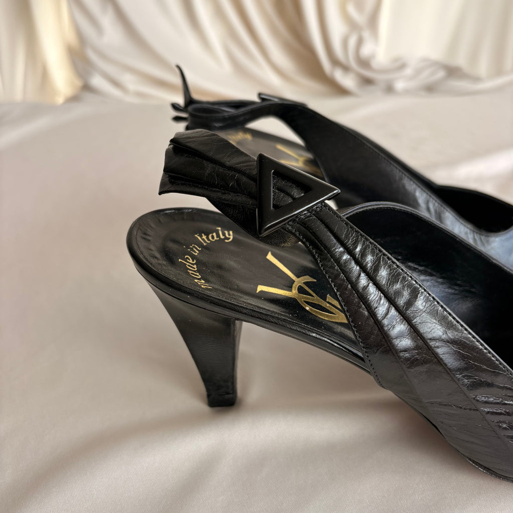 Vintage 80s YSL Black Leather Slingback Heels -  7.5 (fits like a 7)