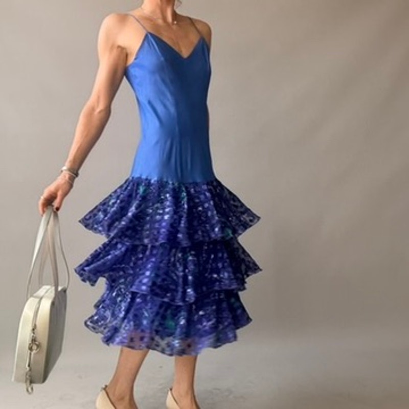 Ann Hobbs for Cattiva Blue Silk Drop-Waist Dress - Peacock Ruffle Tiered Skirt