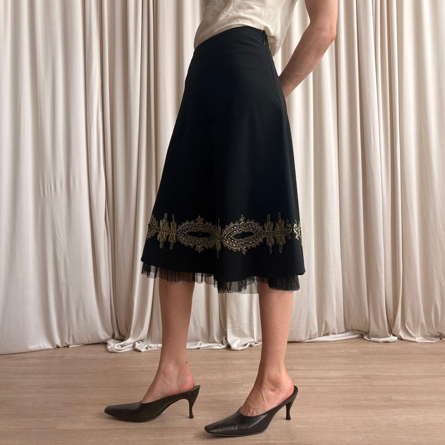 Sunny Leigh Embroidered Skirt - Black, Gold Floral, Tulle Lining - Size 6 (Fits M)