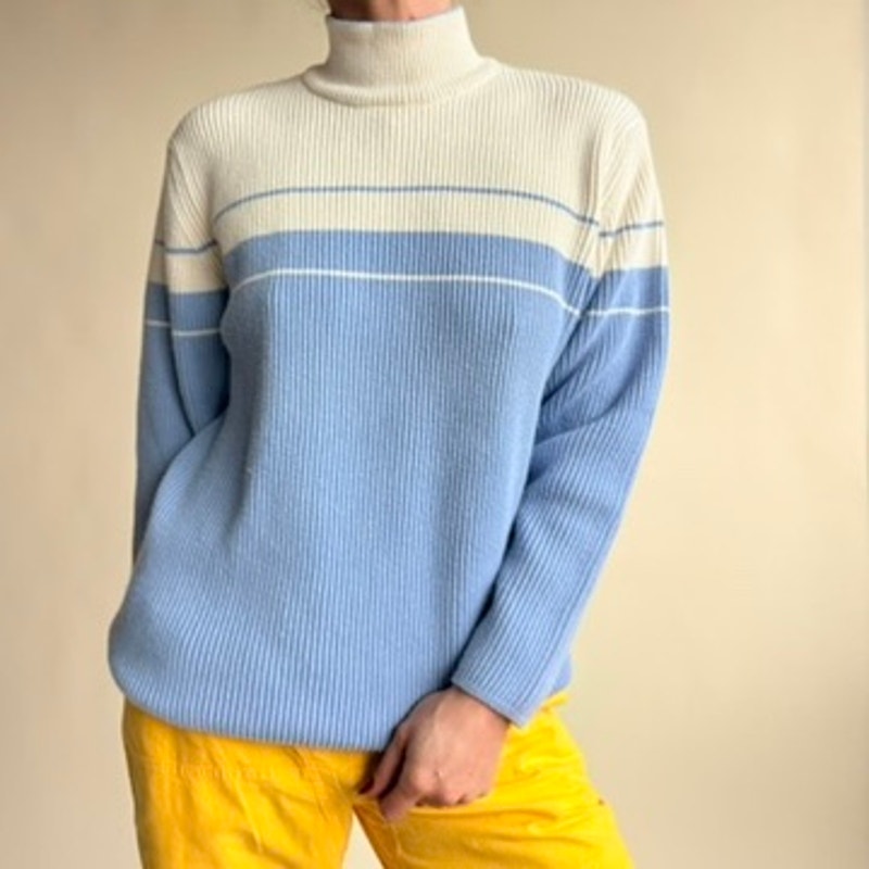 Jeanne Pierre Striped Mock Neck Sweater - Blue & White, 100% Cotton,  Size Small