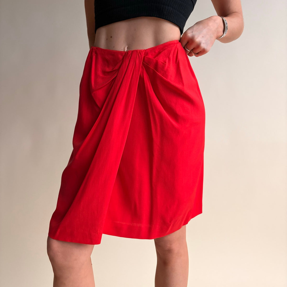 Anne Klein Red Silk Wrap Skirt - Sarong Style, Velcro Closure, Size 4