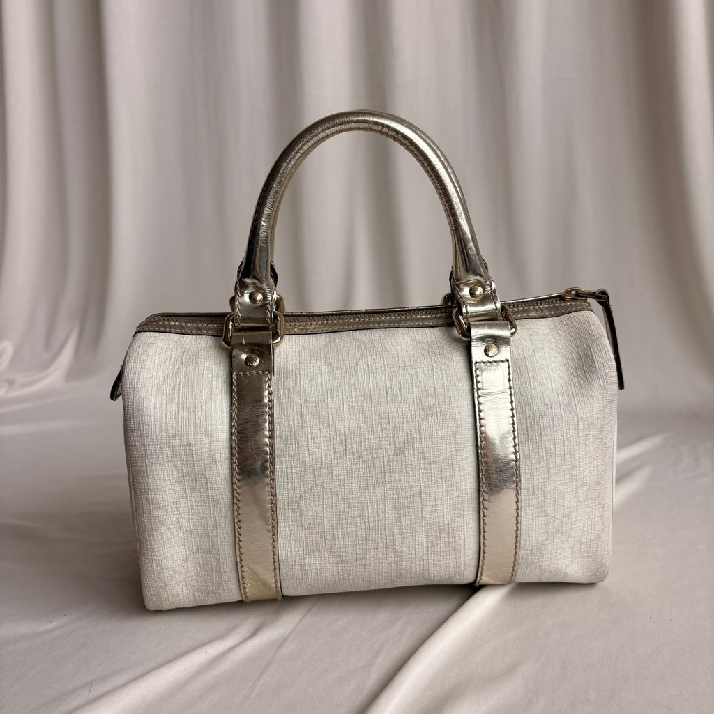 Gucci Small Joy Boston Bag - GG Supreme Canvas, White/Gold, Metallic Silver Trim