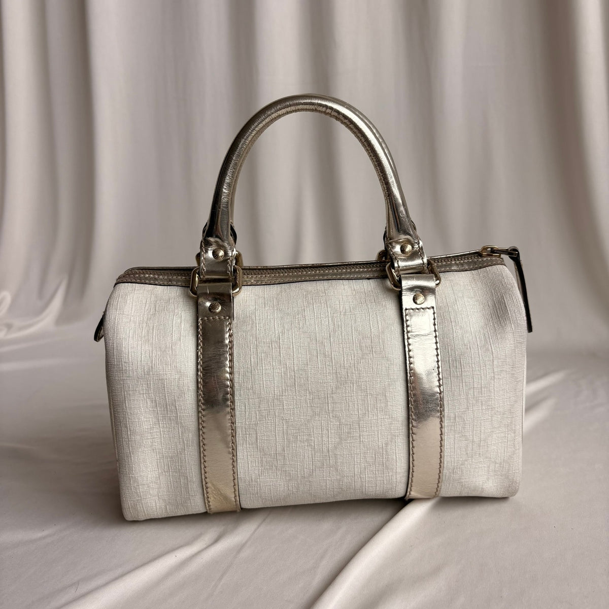 Gucci Small Joy Boston Bag - GG Supreme Canvas, White/Gold, Metallic Silver Trim