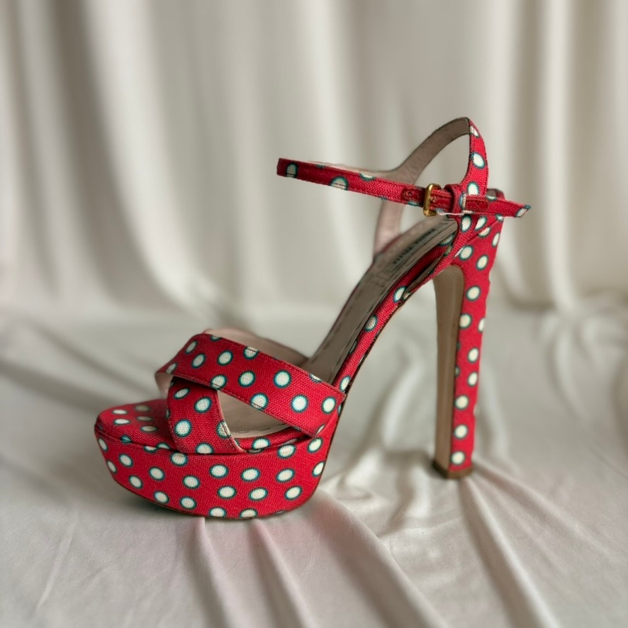 Miu Miu Polka-Dot Canvas Platform Sandals - 2010 SS Collection, EU 37/US 7