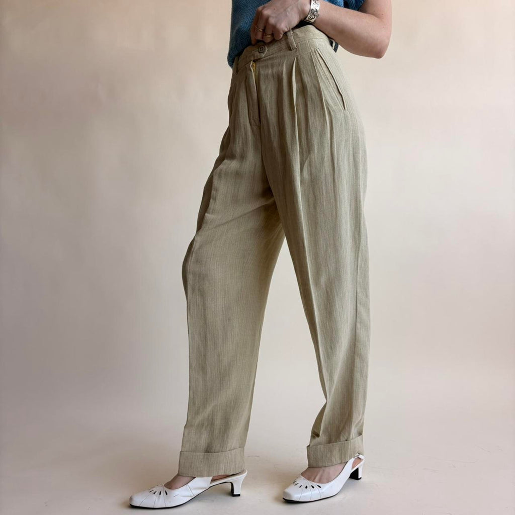 Susie Tompkins Wool Trousers - Tan with White Pinstripe Size 4