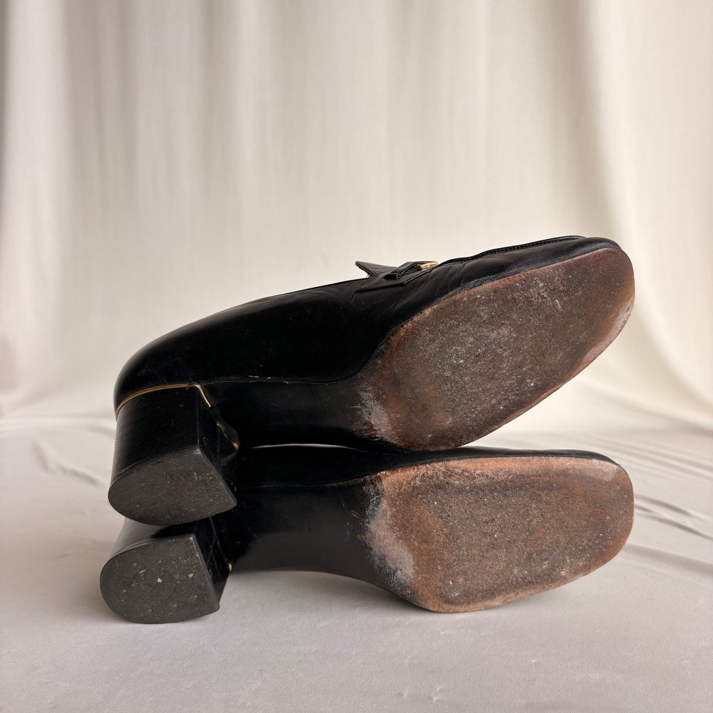Vintage Saks Fifth Ave Black Leather Heeled Loafers - Block Heel, Square Toe