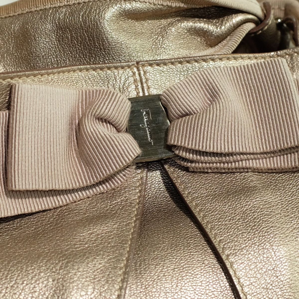 Salvatore Ferragamo Metallic Bronze Leather Miss Vara Bow Tote