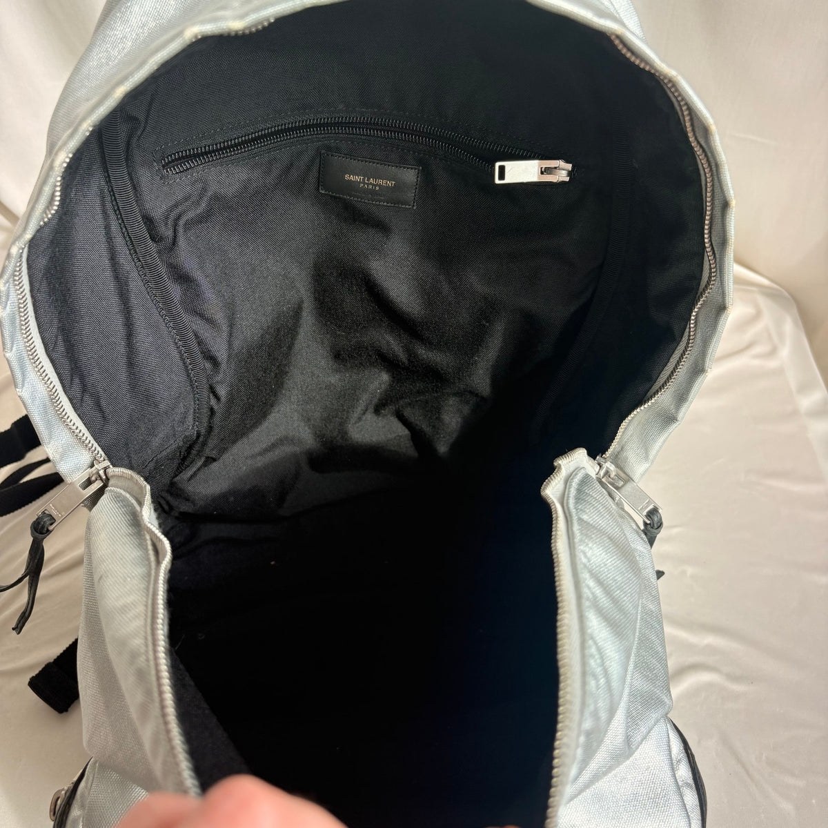 Saint Laurent Silver Metallic Leather City Backpack, 2017