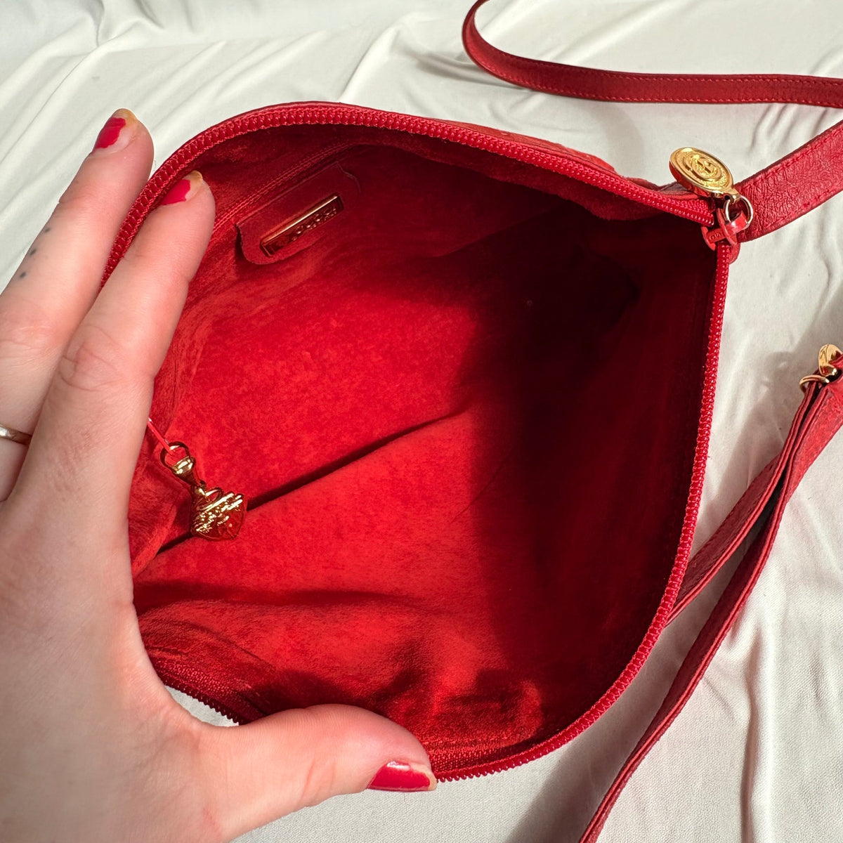 Vintage Gucci Red Suede Perforated Giant Logo Pouch Crossbody Bag