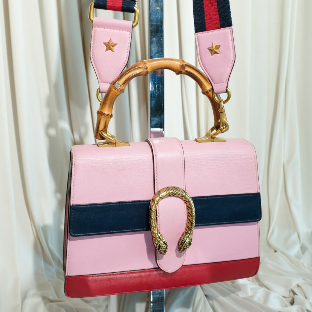 Gucci Dionysus Bamboo Medium Top Handle Bag Pink Leather Sylvie Web Strap