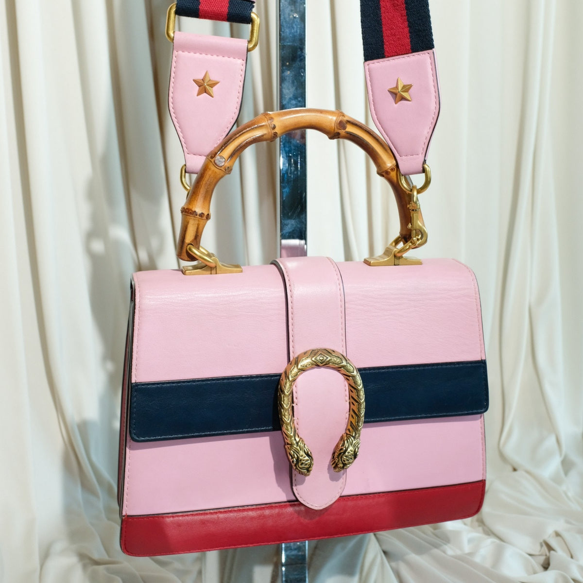 Gucci Dionysus Bamboo Medium Top Handle Bag Pink Leather Sylvie Web Strap