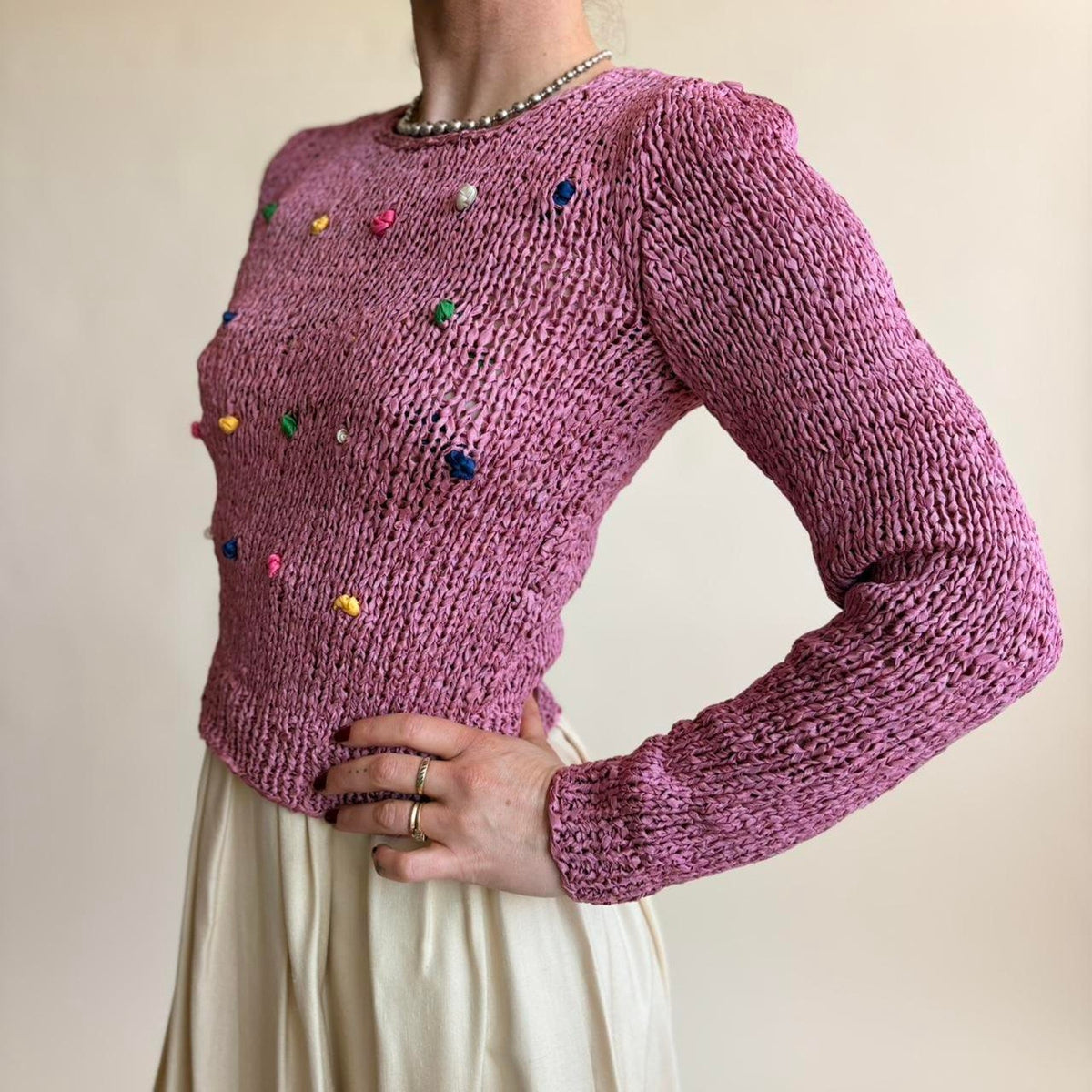 Vintage Pink Ribbon Knit Sweater - Multicolor Knot Details, Fits Small