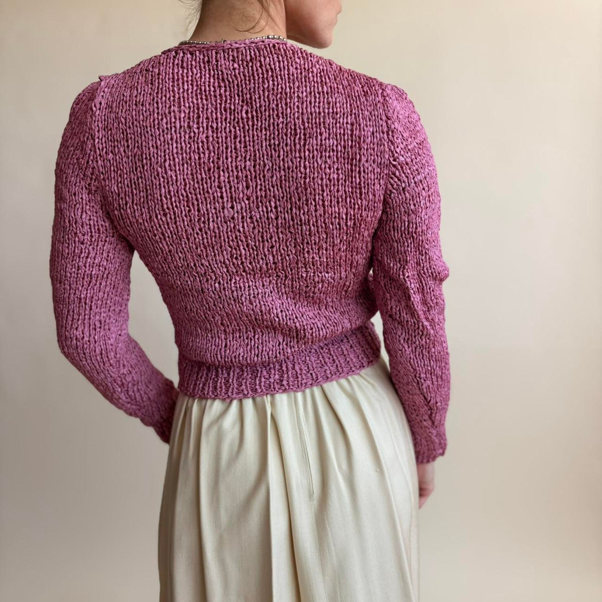 Vintage Pink Ribbon Knit Sweater - Multicolor Knot Details, Fits Small