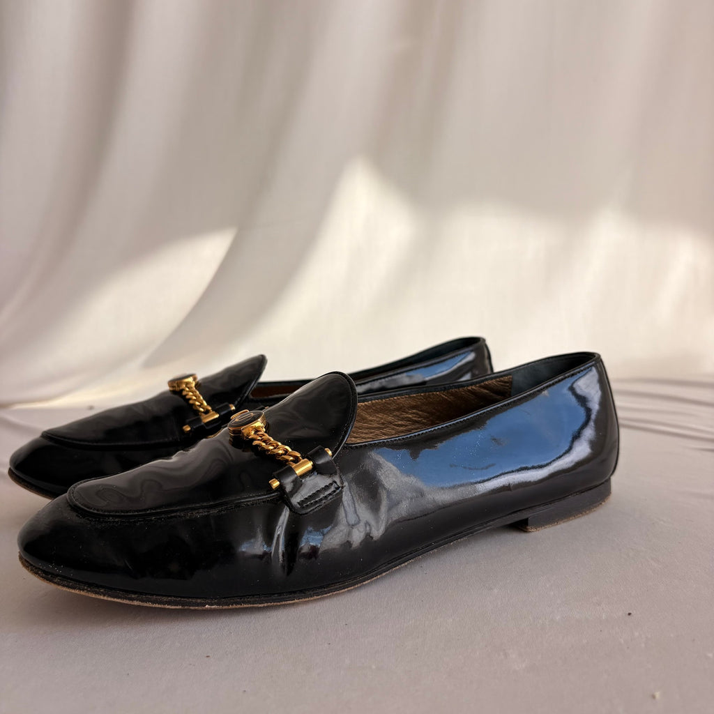 Vintage Joan & David Black Patent Leather Loafers - Gold Chain Hardware