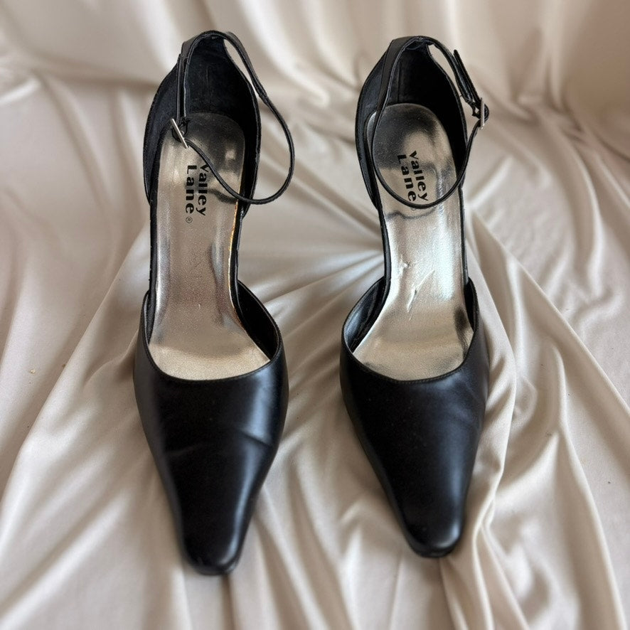 Valley Lane Black Pointed Pumps - Ankle Strap, Genuine Leather, Size 8