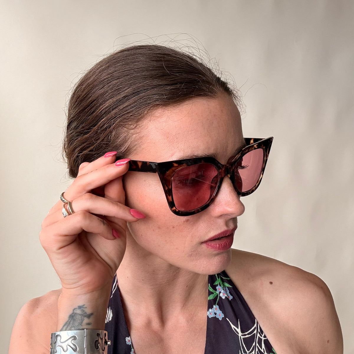 Oversized Tortoise Cat-Eye Sunglasses - Pink Lenses, Statement