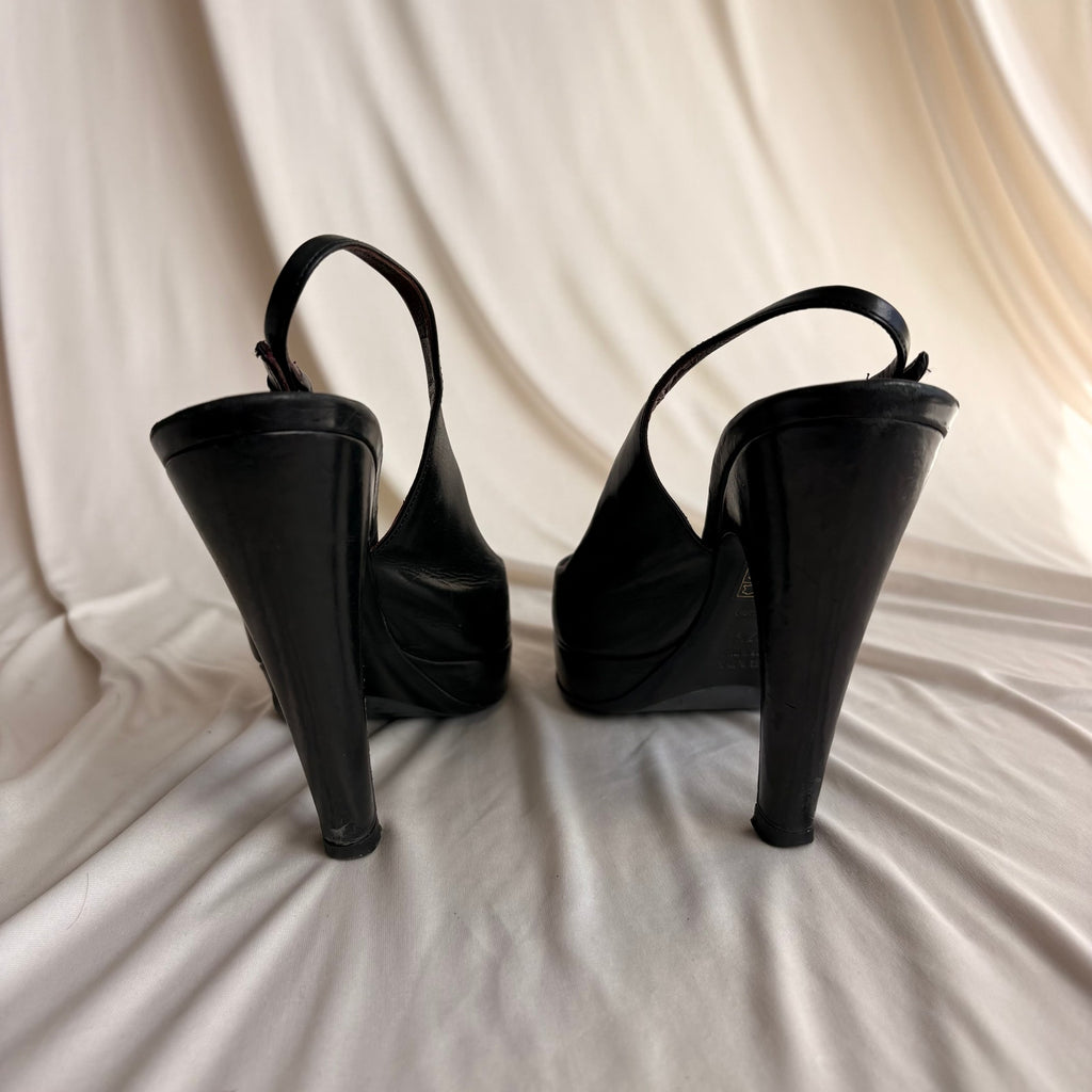 Vintage Prada Black Leather Slingback Platform Pumps - Gold Buckle, 37.5