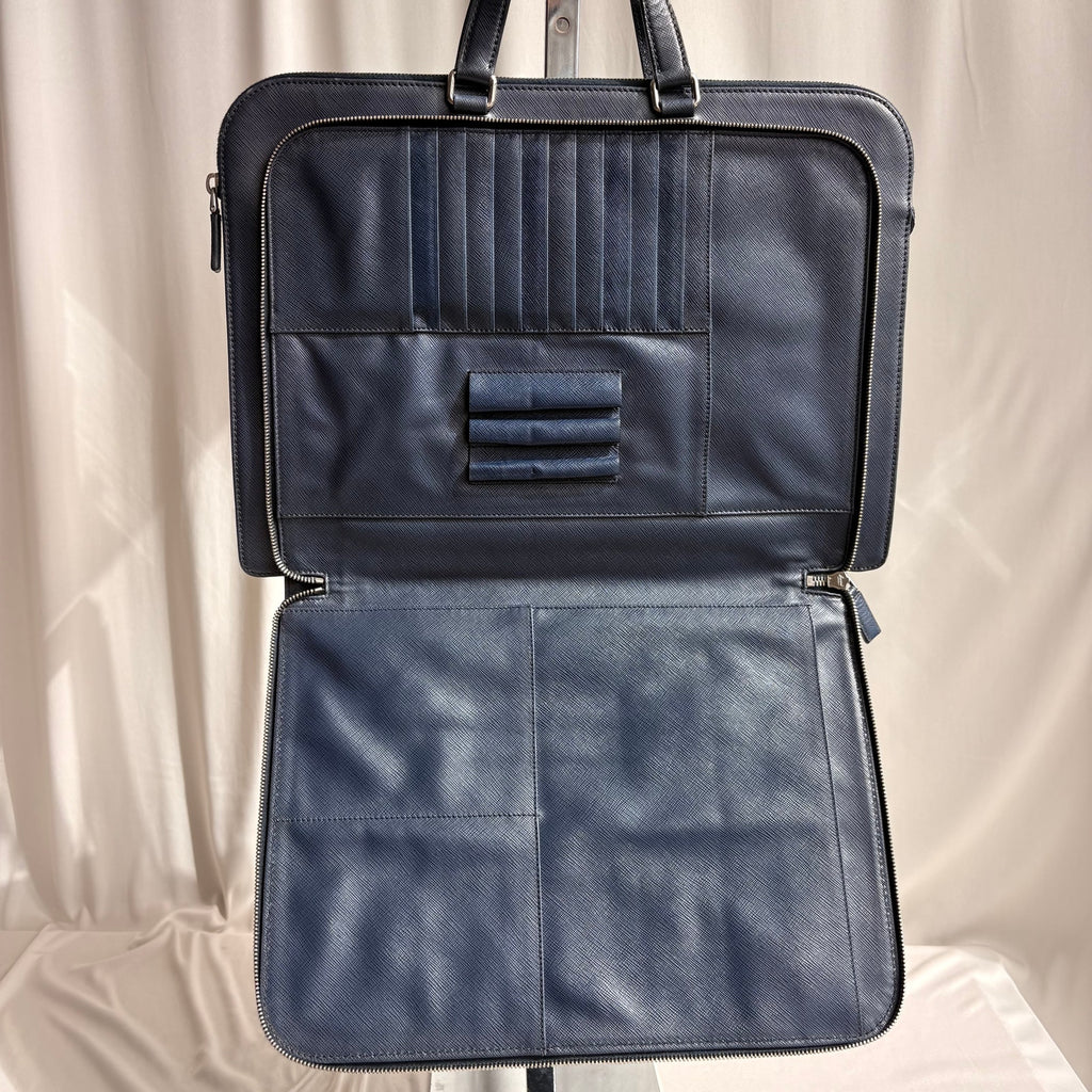 Prada Saffiano Leather Briefcase Bag - Dark Navy Blue