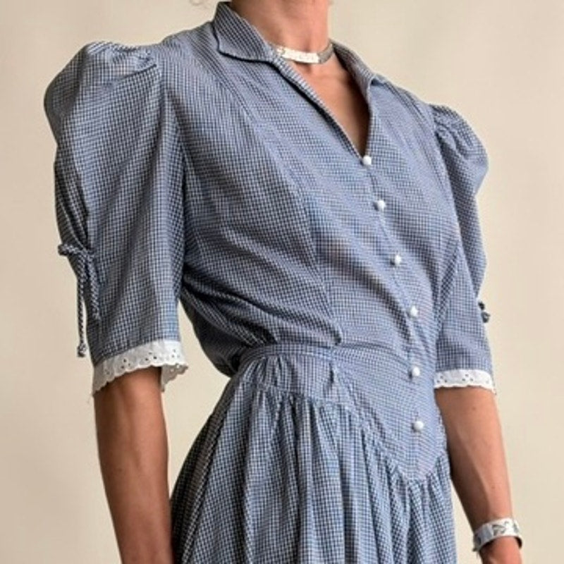70's Wendy One Gingham Prairie Dress - Blue & White, Basque Waist, Size Small