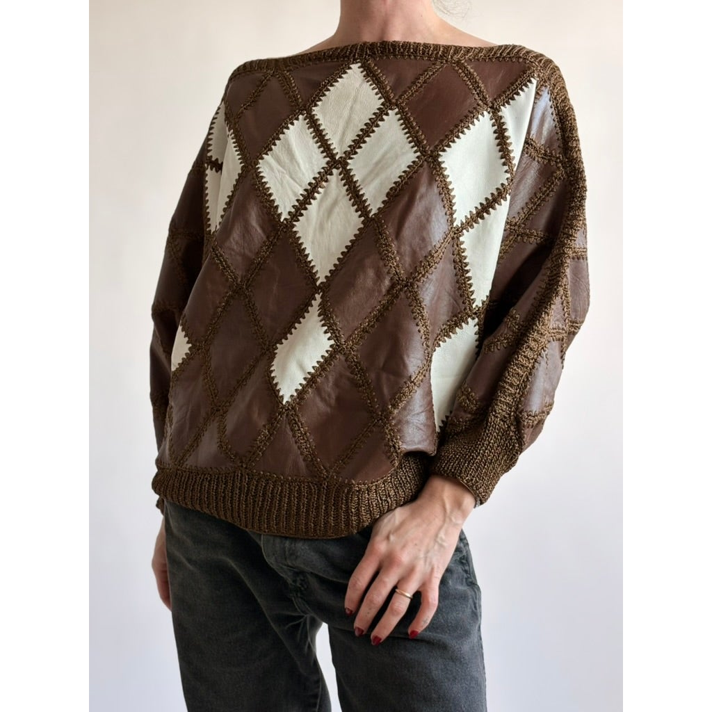 Vintage 1970s Handmade Turkish Diamond Patchwork Leather Top
