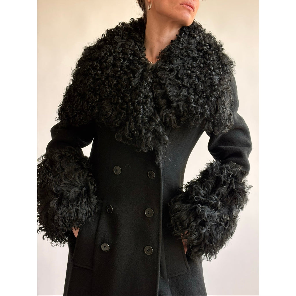 Vintage 1970s Black Wool & Mongolian Shearling Coat