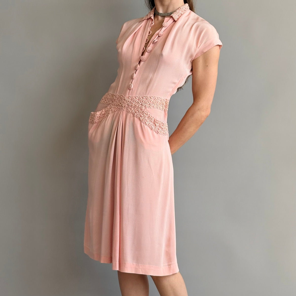 Vintage 1940s A Minx Modes Junior Pink Rayon Crepe Lace Dress