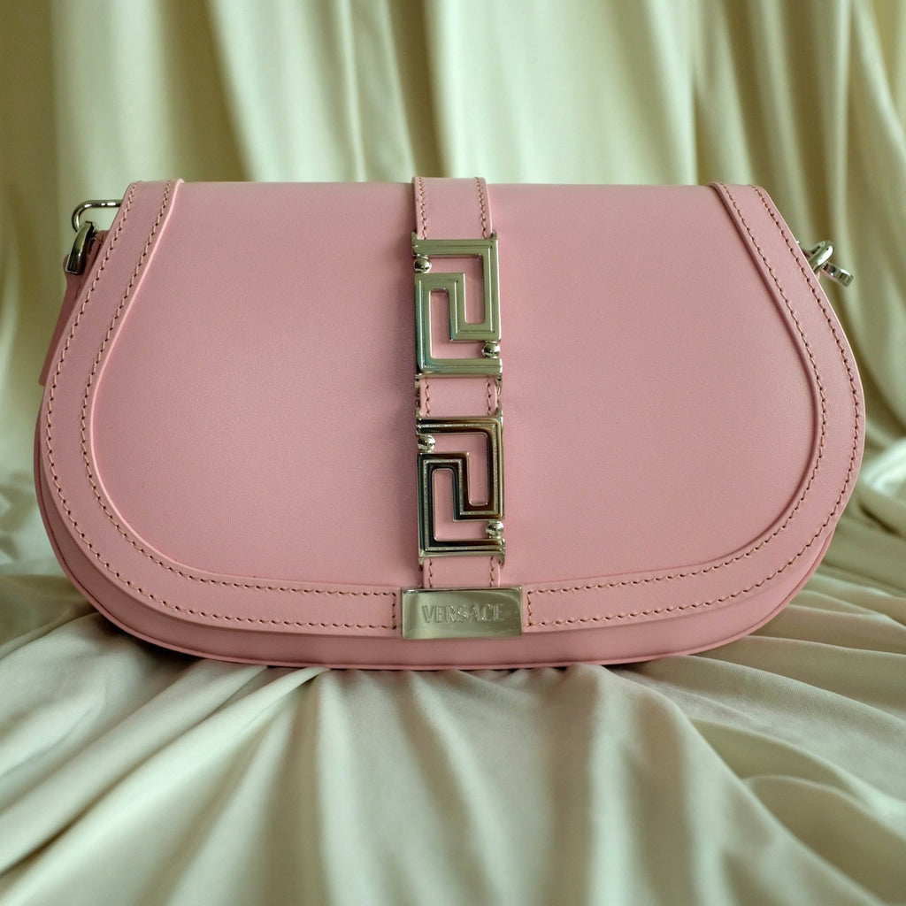 Versace Pink Medium La Greca Goddess Logo Leather Shoulder Bag