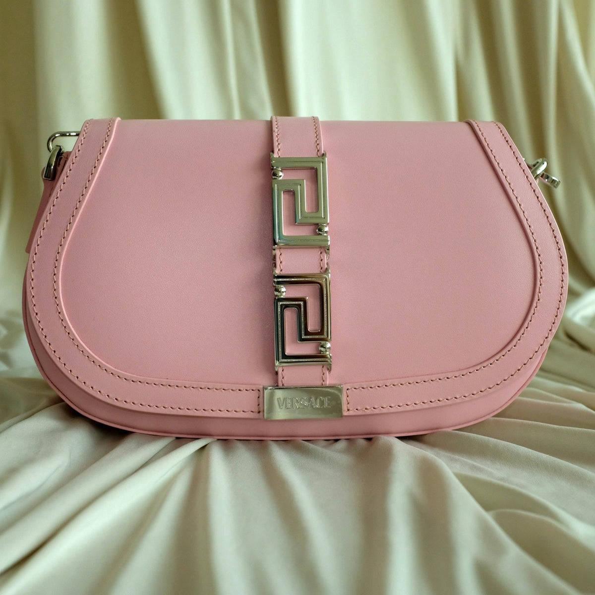 Versace Pink Medium La Greca Goddess Logo Leather Shoulder Bag