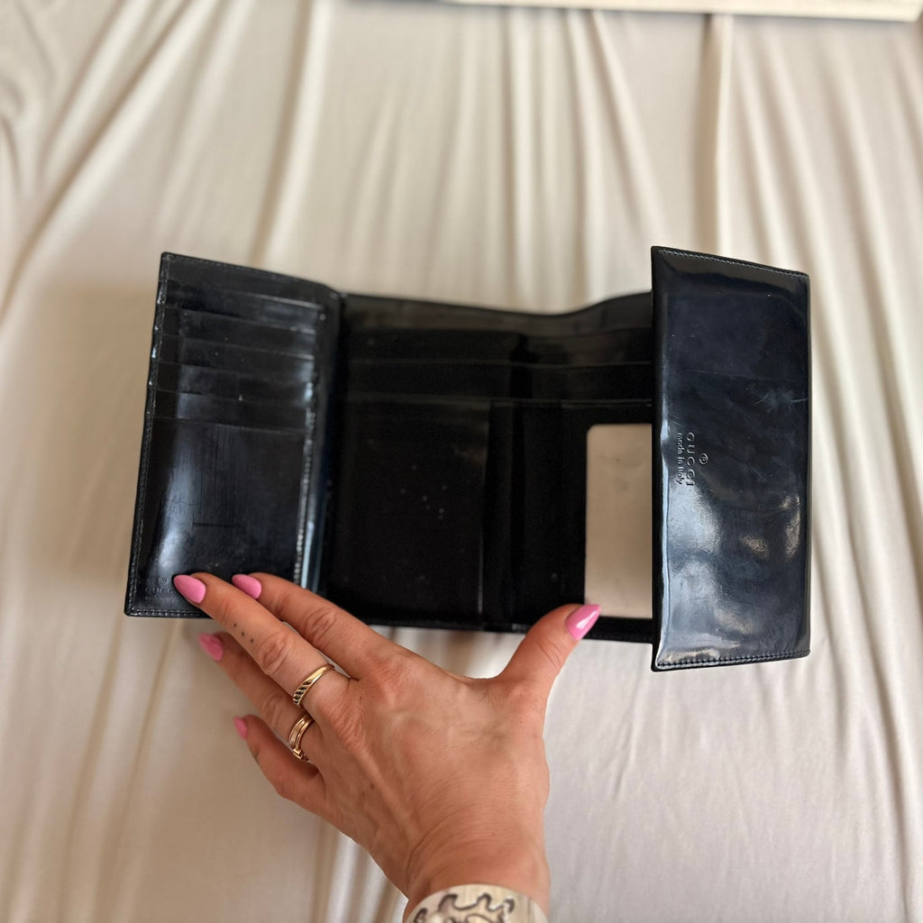 Gucci Patent Logo Wallet - Black, Trifold, Vintage
