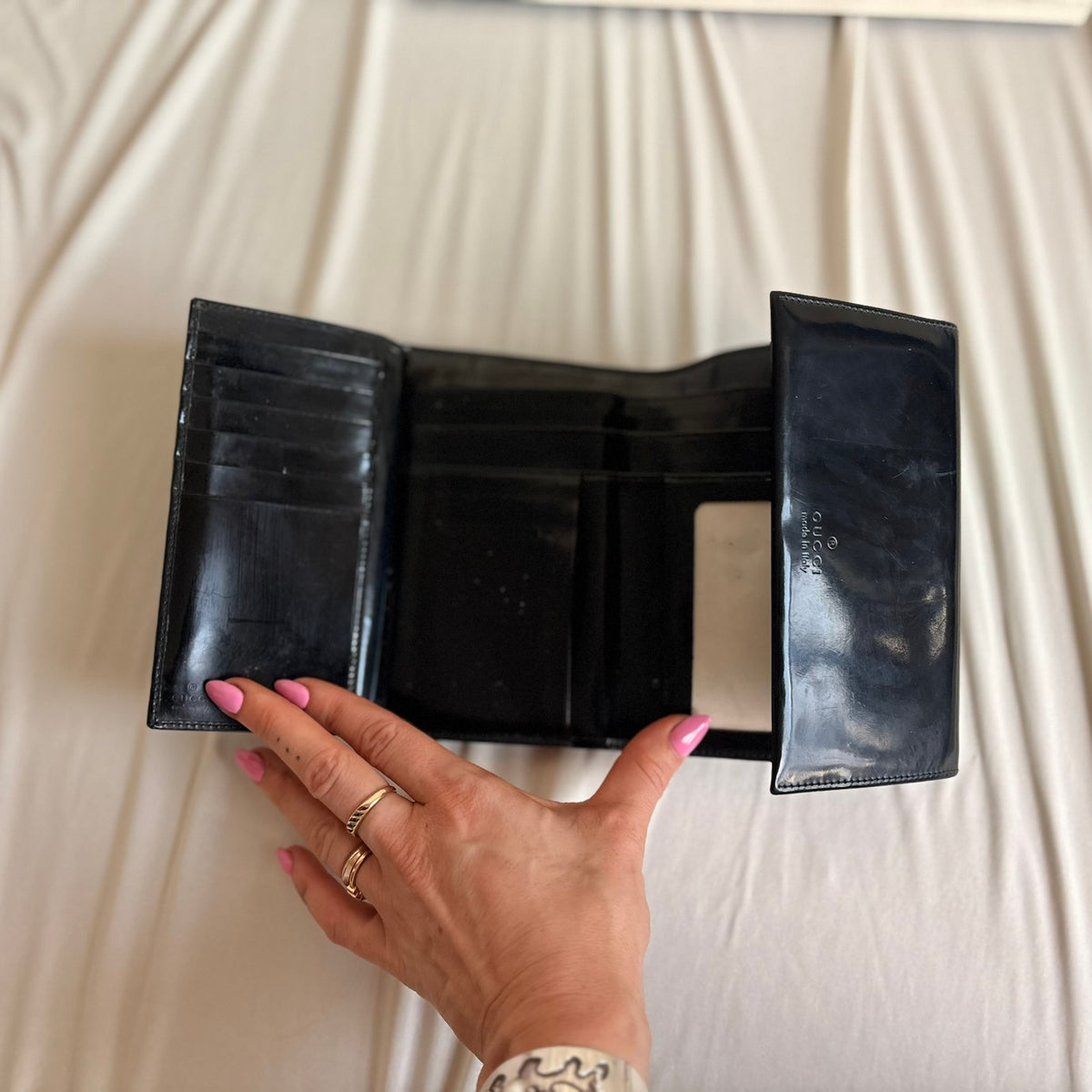 Gucci Patent Logo Wallet - Black, Trifold, Vintage