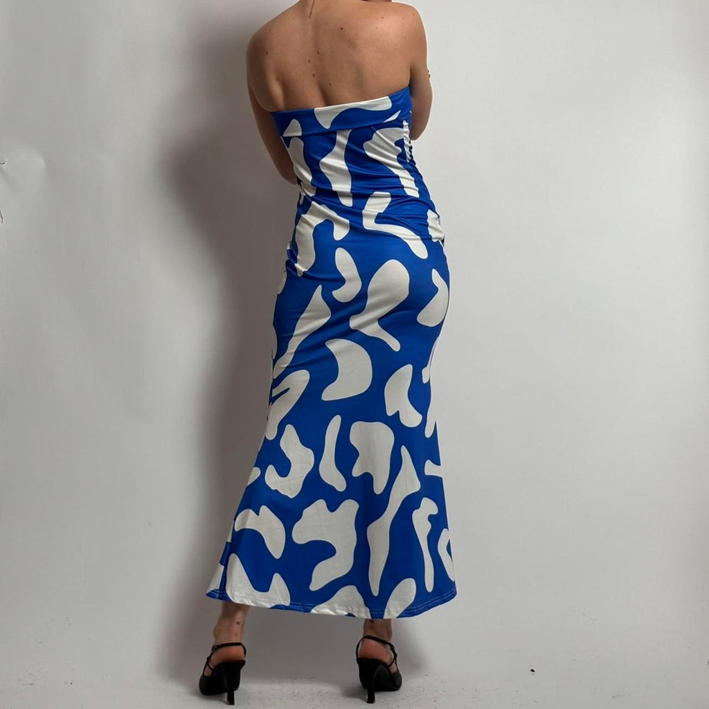 Blue & White Abstract Bodycon Maxi Dress - Fits Small