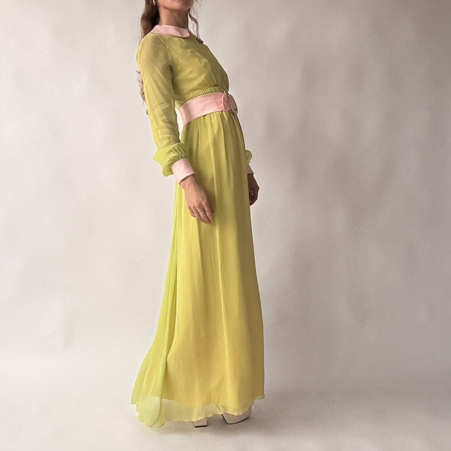 Vintage 60s/70s Chartreuse Peter Pan Collar Maxi Dress w/ Belt