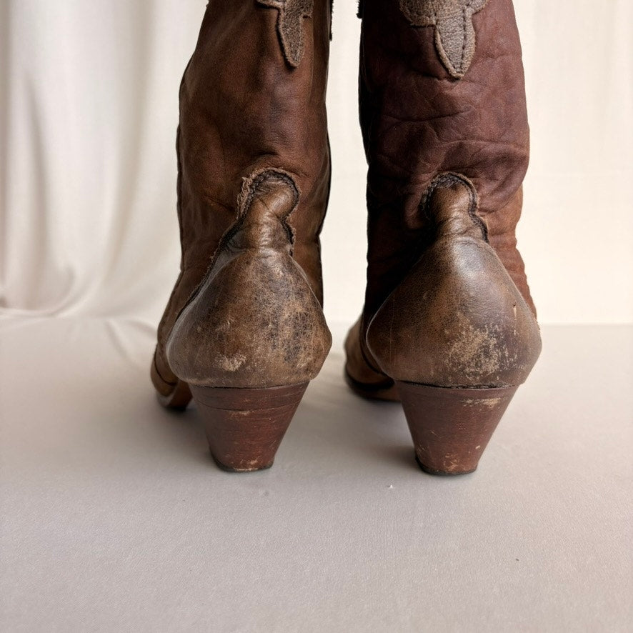 Brown Suede & Leather Cowboy Boots - Size 7