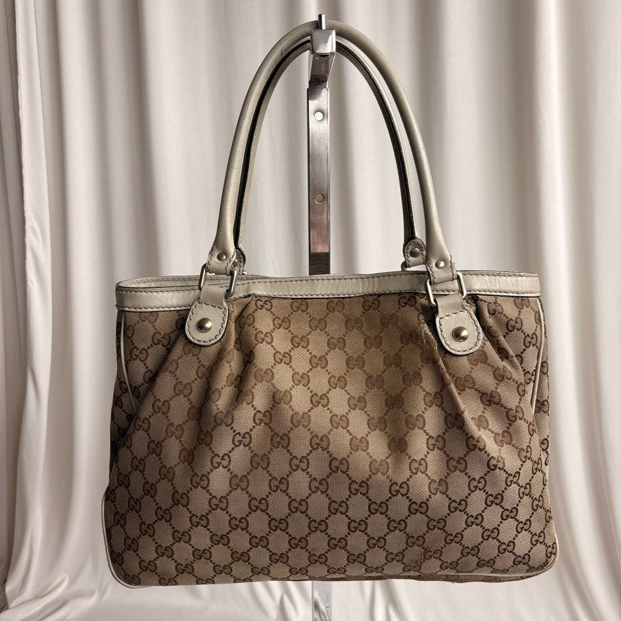 Gucci Sukey Bag Beige GG Monogram Canvas Tote with Cream Leather Handles
