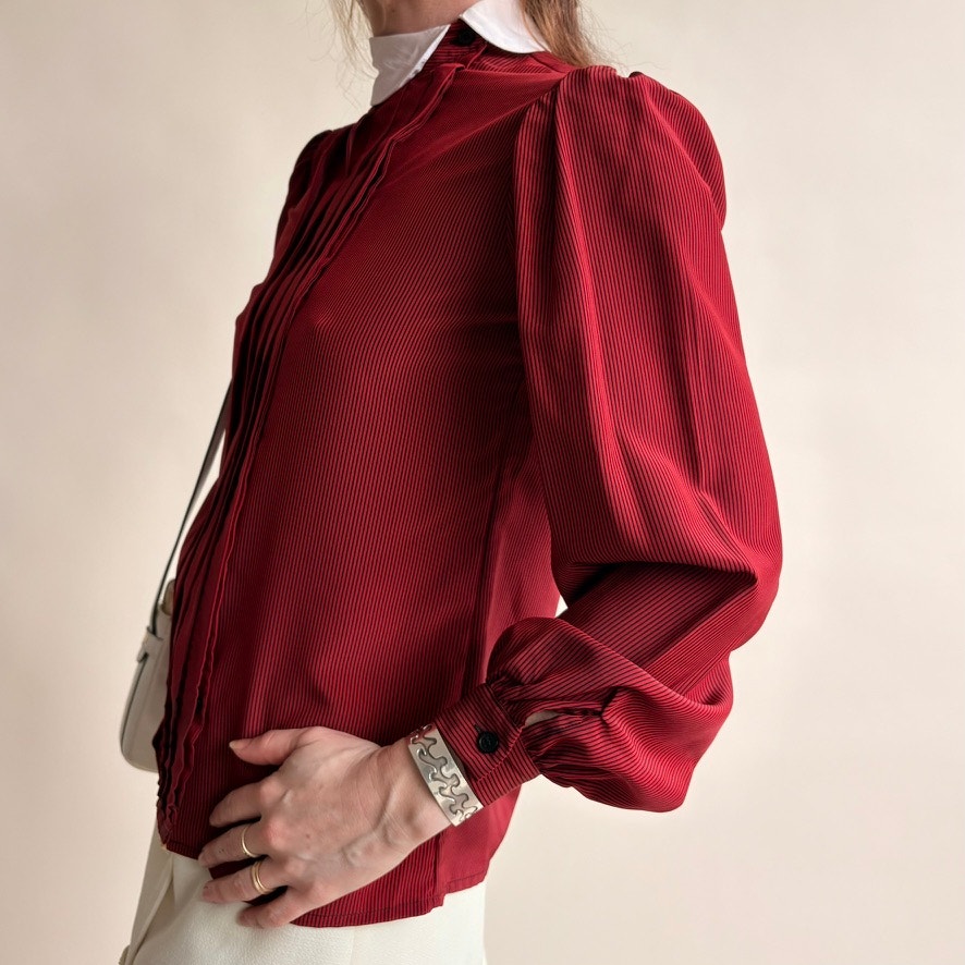 Albert Nipon Claret Pintuck Blouse - Peter Pan Collar, Puff Sleeves, Size 4