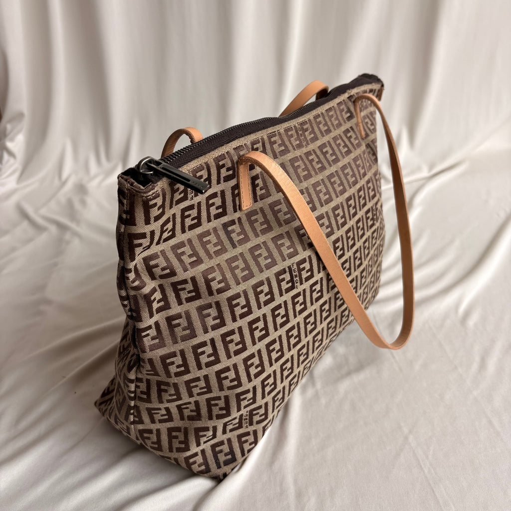 Vintage Fendi Brown and Tan Zucchino Canvas Tote - Early 2000s