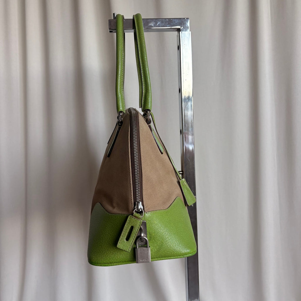Vintage Prada Beige Canapa Dome & Lime Green Leather Trim Bowling Bag