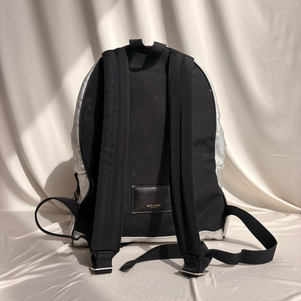 Saint Laurent Silver Metallic Leather City Backpack, 2017