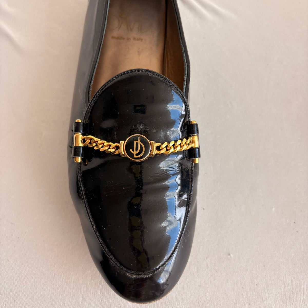 Vintage Joan & David Black Patent Leather Loafers - Gold Chain Hardware