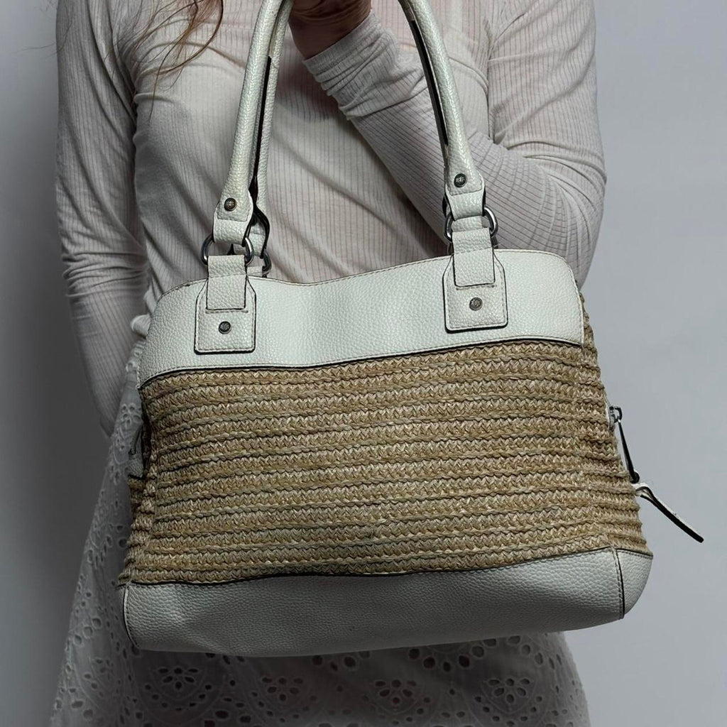 Vintage Dana Buchman Straw &  White Leather Tote