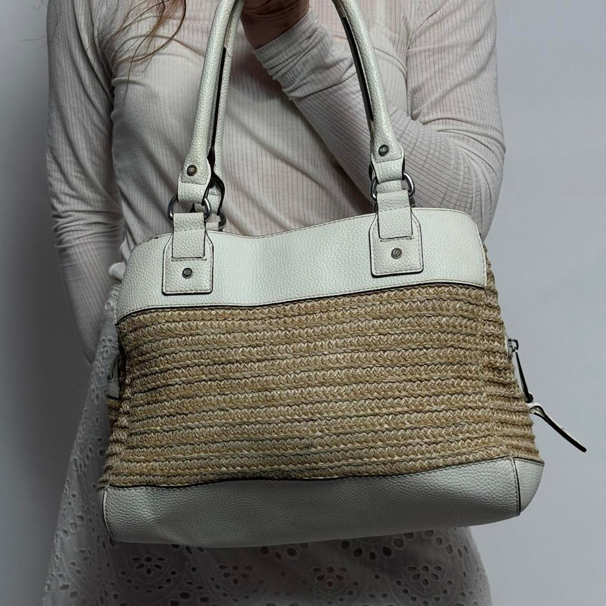 Vintage Dana Buchman Straw &  White Leather Tote