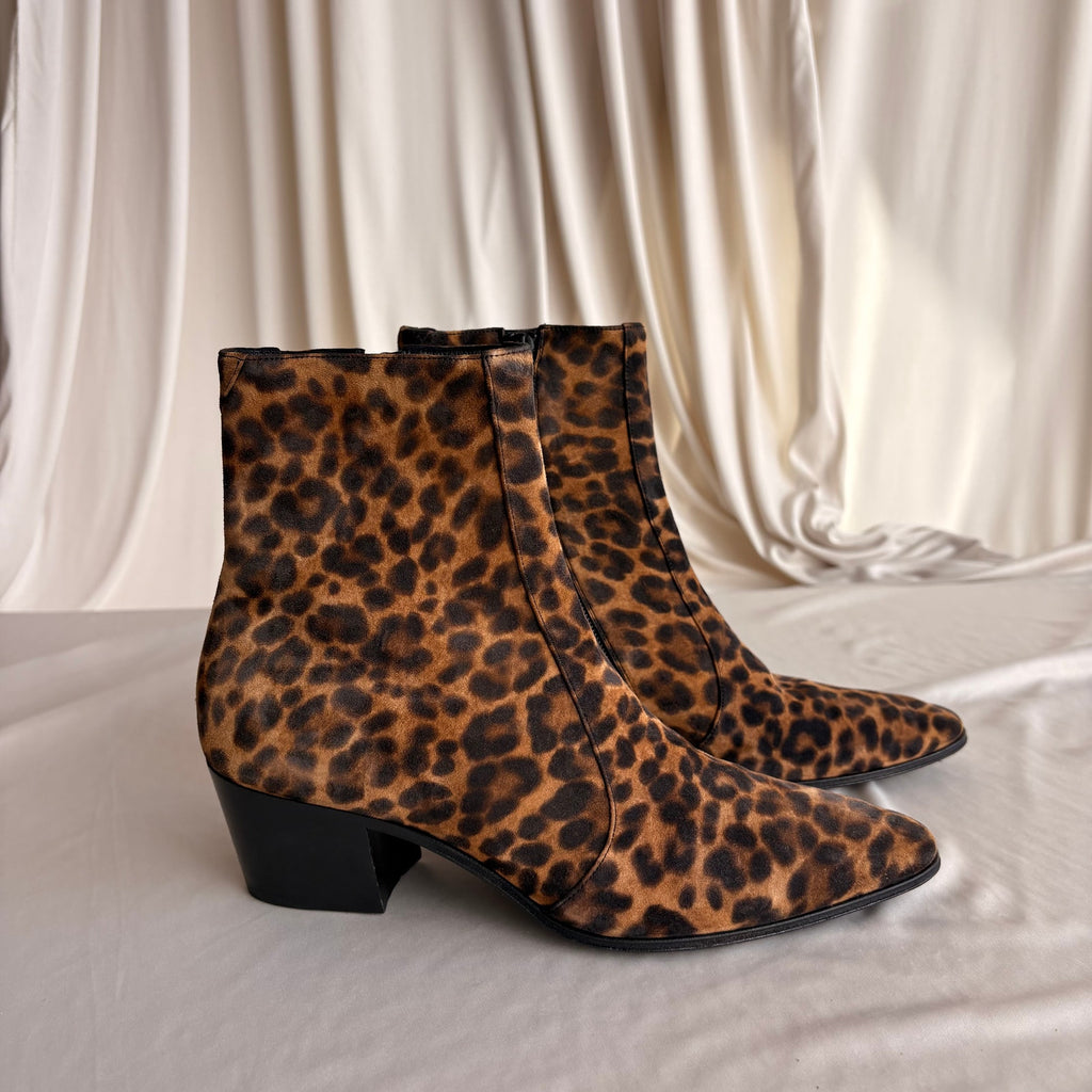 Saint Laurent Vassili 60 Leopard Suede Ankle Boots - Pointed Toe, EU 37 / US 7